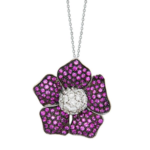 View Flower Design Ruby and Diamond Pendant set in 18K White Gold With Black Rodium