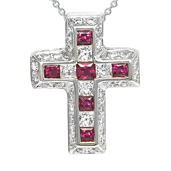 View Ruby and Diamond Cross Set in 18k White Gold