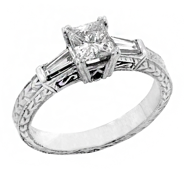 Traditional Princess and Baguette Diamond Ring in 14K White Gold Ring