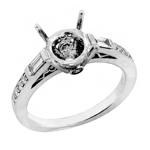 Traditional Baguette and Round Diamond Engagement Ring in 18k White Gold