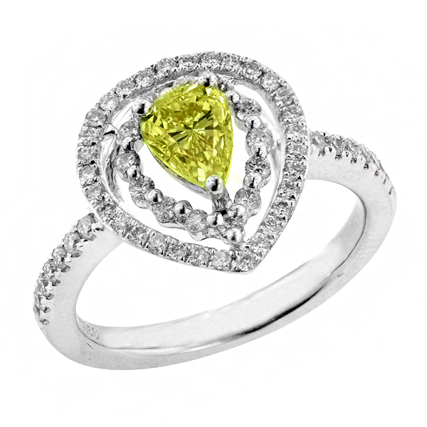 View Double Halo Style Pear Shape Natural Fancy Yellow and White Diamond Ring Set in Platinum