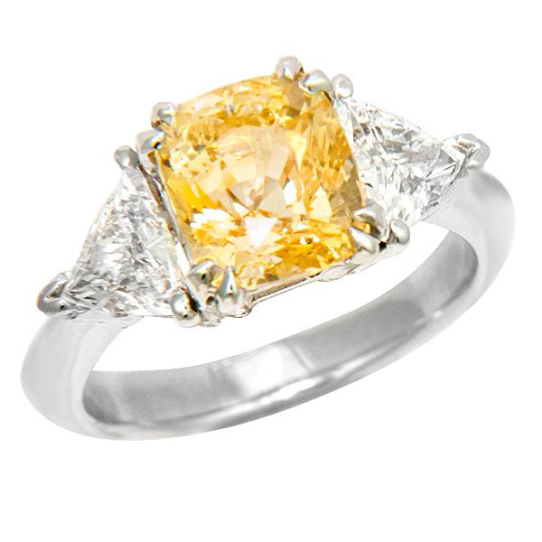 View Three Stone Yellow Sapphire and Diamond Ring Set in Platinum