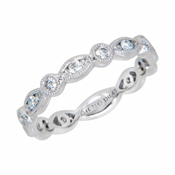 View Diamond Eternity Band with a Marquis and Round Milgrain Design Set in 18K White Gold